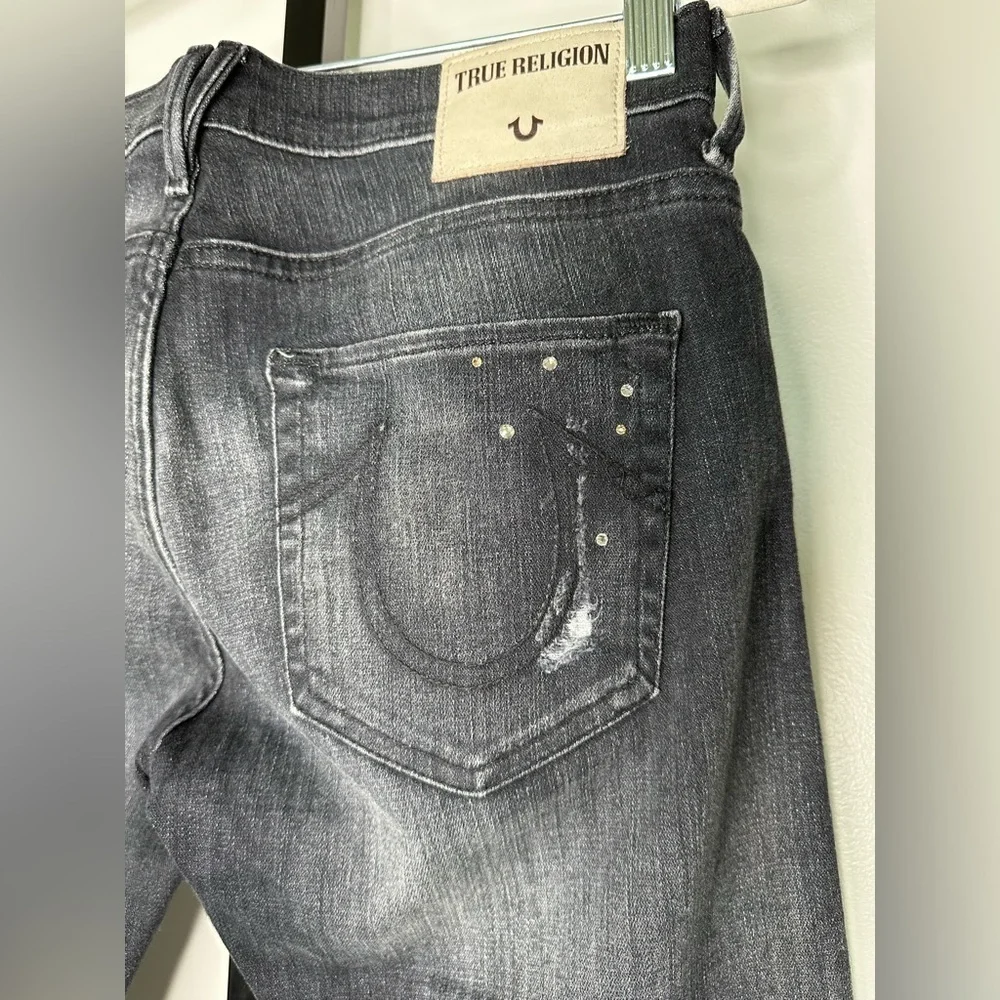 True Religion Women's Low Rise Relaxed Skinny Jeans with Rhinestones distressed